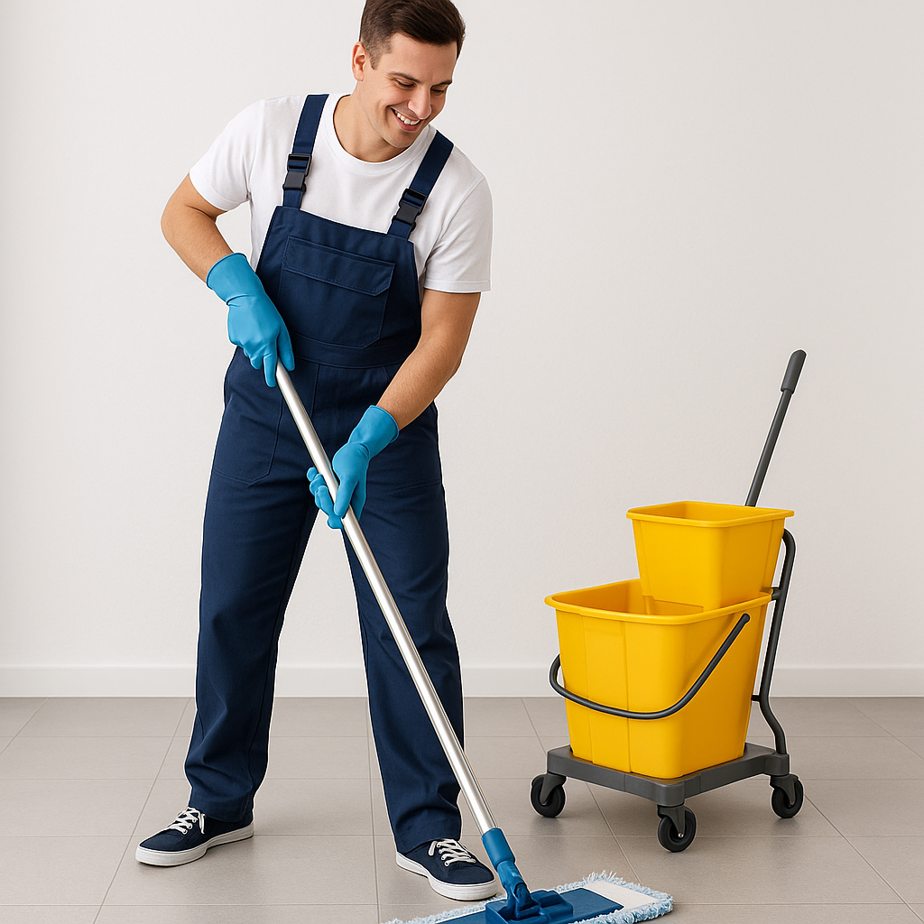 Please create the picture of a person who mobs the floor for a cleaning company it should be used for a website to show the services which a cleaning company provides